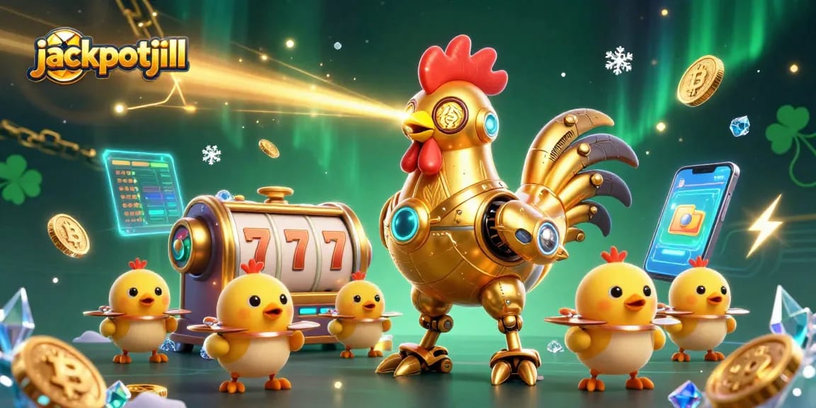 Engage with jackpotjill through this vibrant 3D casino scene with golden robot and crypto elements.