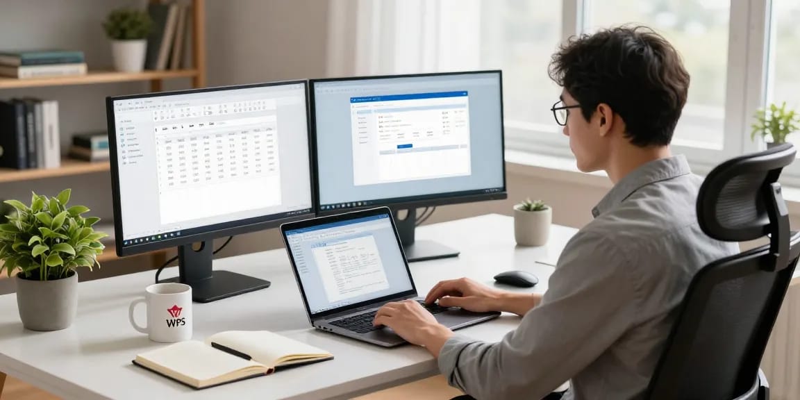 Download WPS Office in a modern workspace with professional using laptop and dual monitors.