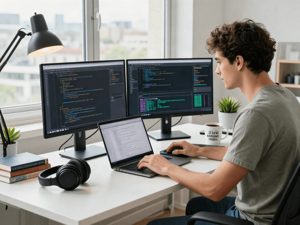 Engineer focusing on crush ai algorithms in a vibrant tech workspace