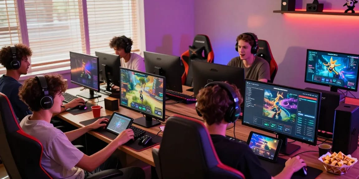 Exciting gaming setup showcasing ROKOK88 online games with players engaged on different devices.