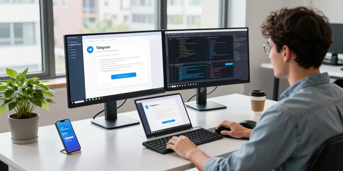 Engaging tech workspace showcasing Telegram Download features with dual screens for coding and app design.