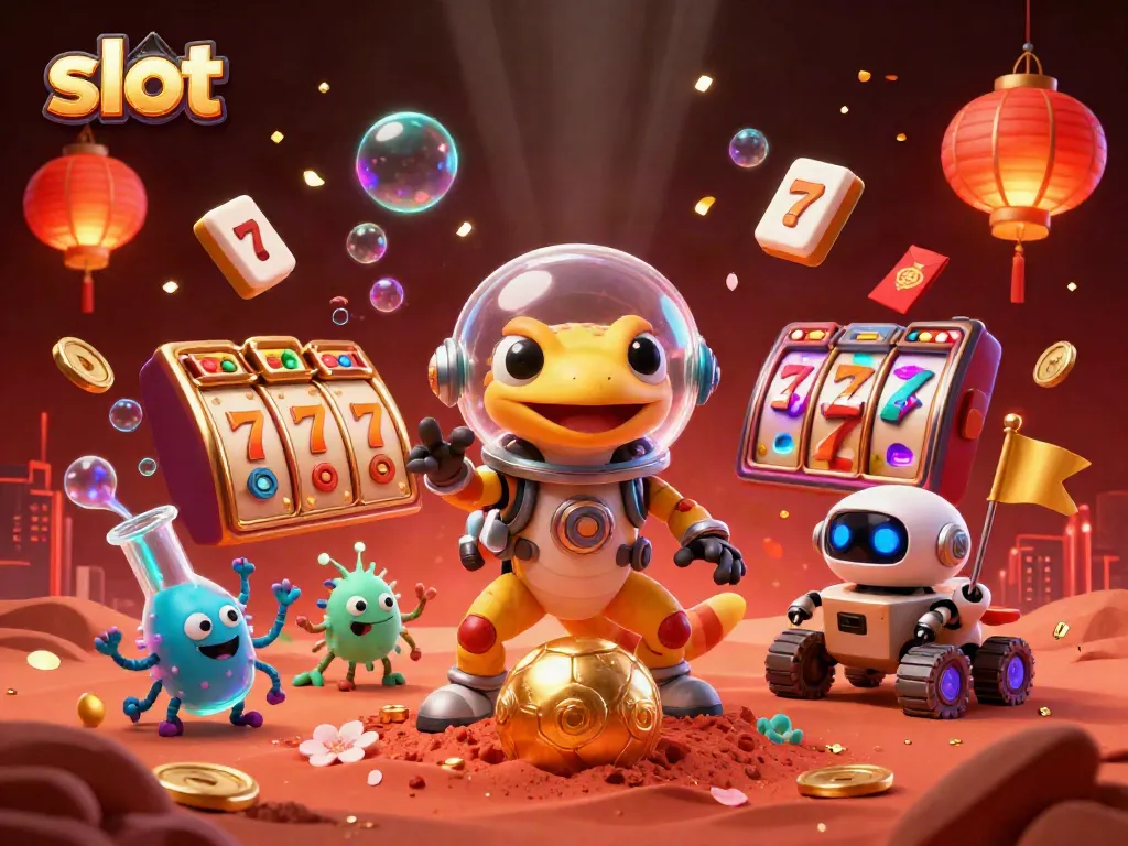 Engaging scene of a gecko exploring a golden casino filled with slot machines and colorful symbols.