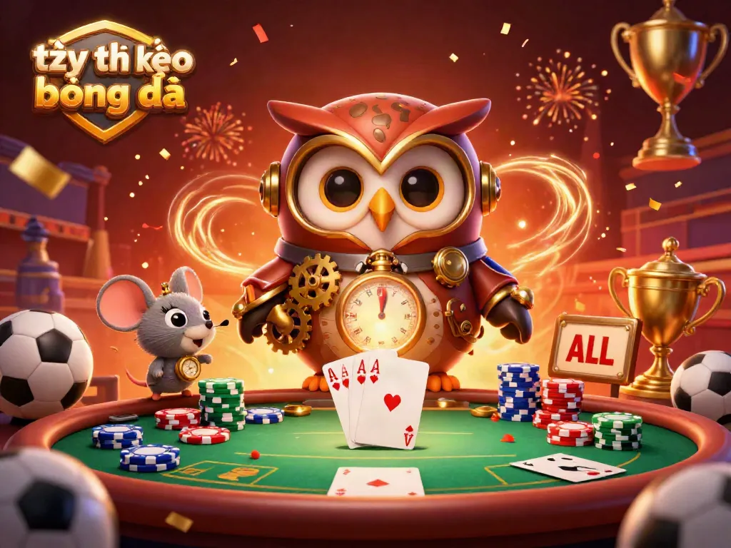Experience tỷ lệ kèo bóng đá with a vibrant casino scene featuring a time-traveling owl and sports betting elements.