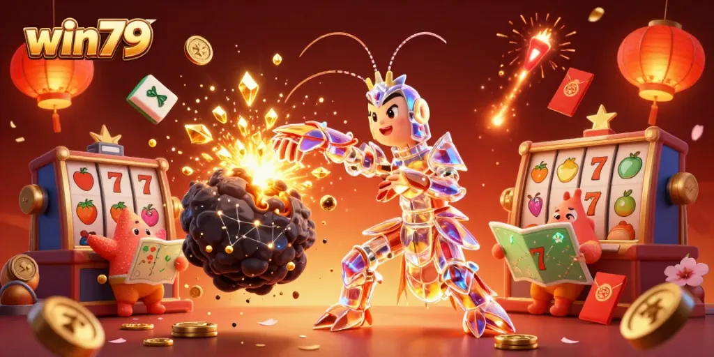 Win79 casino scene featuring a mantis shrimp character amid exploding treasure, vibrant casino elements.