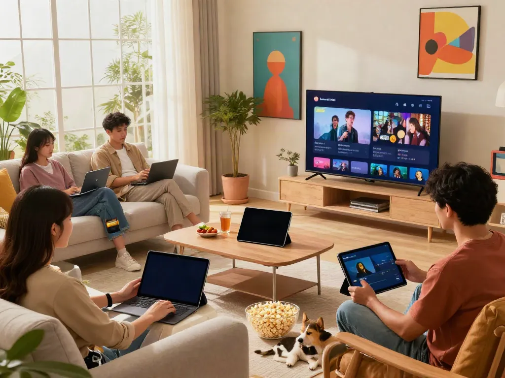 Young adults enjoying rokok88 entertainment streaming on various devices in a cozy living room.