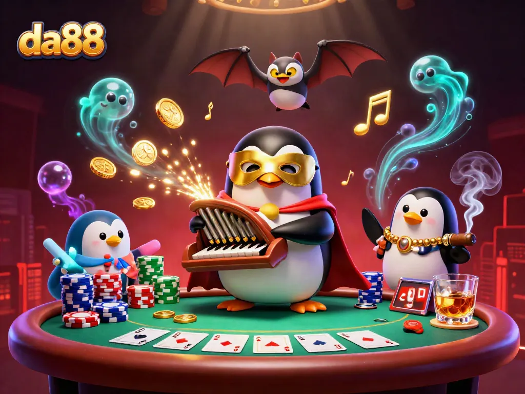 Experience da88 with a lively casino atmosphere featuring a dynamic penguin and bat acrobat.