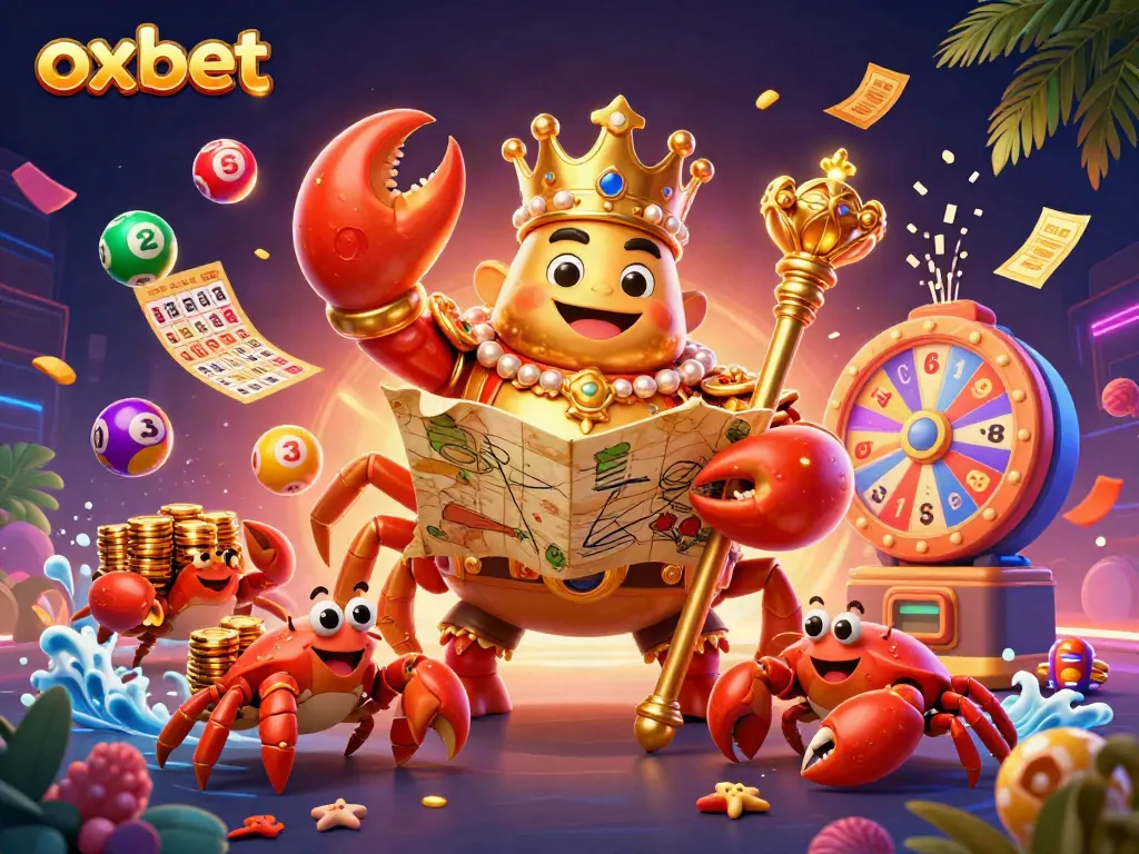 Join the excitement at OXBET with a vibrant crab emperor amidst colorful gambling elements.