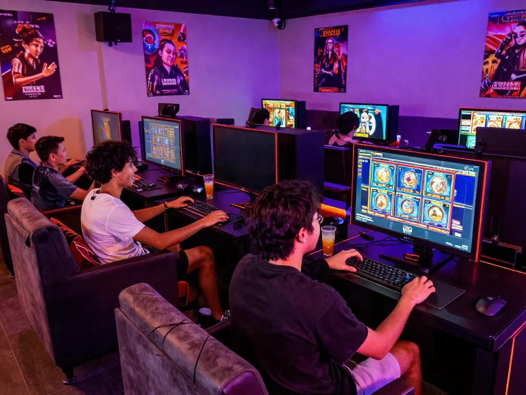 Players enjoying rokok88 slot games in a vibrant gaming lounge with engaging visuals.