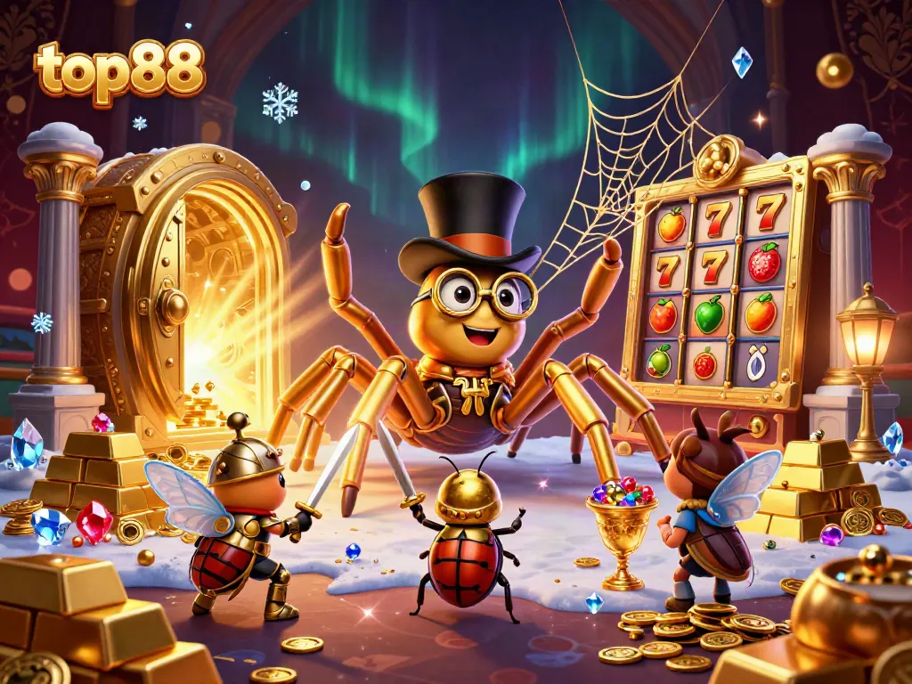 Experience top88's vibrant casino scene with a golden tarantula and knight amid sparkling treasures.