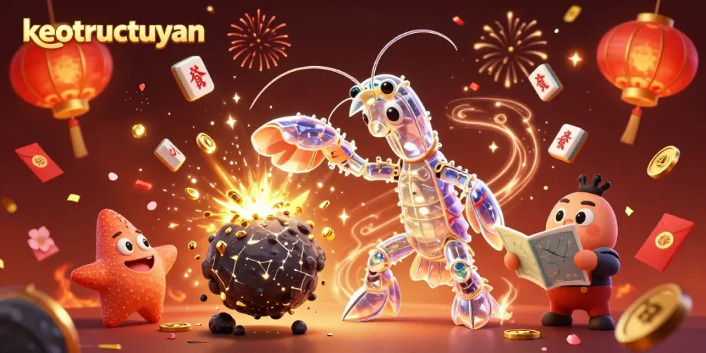 Experience keotructuyen with a galactic samurai mantis shrimp and vibrant casino elements in a celebratory scene.