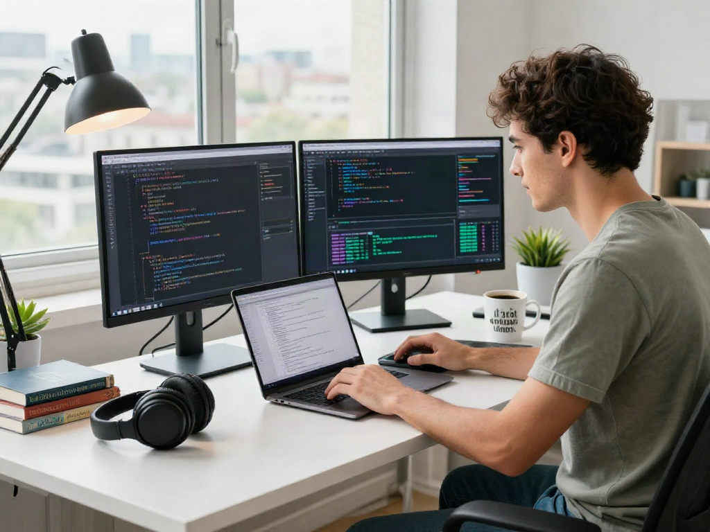 Engineer focusing on crush ai algorithms in a vibrant tech workspace