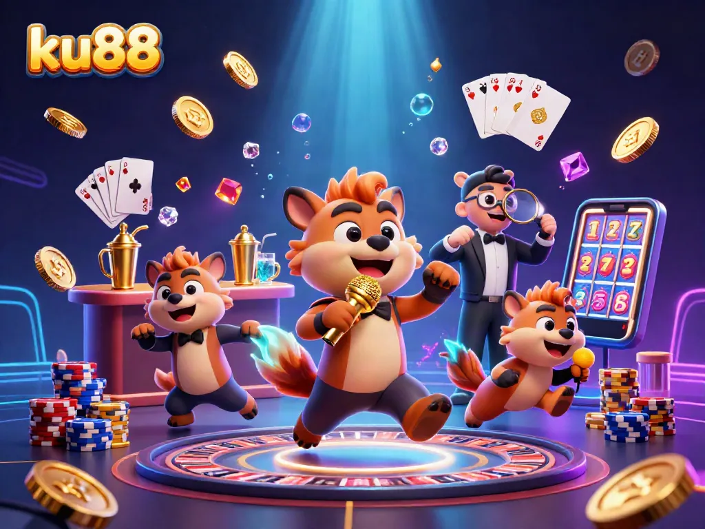 Engage in casino fun with ku88's 3D animated hyena characters in a vibrant casino atmosphere.