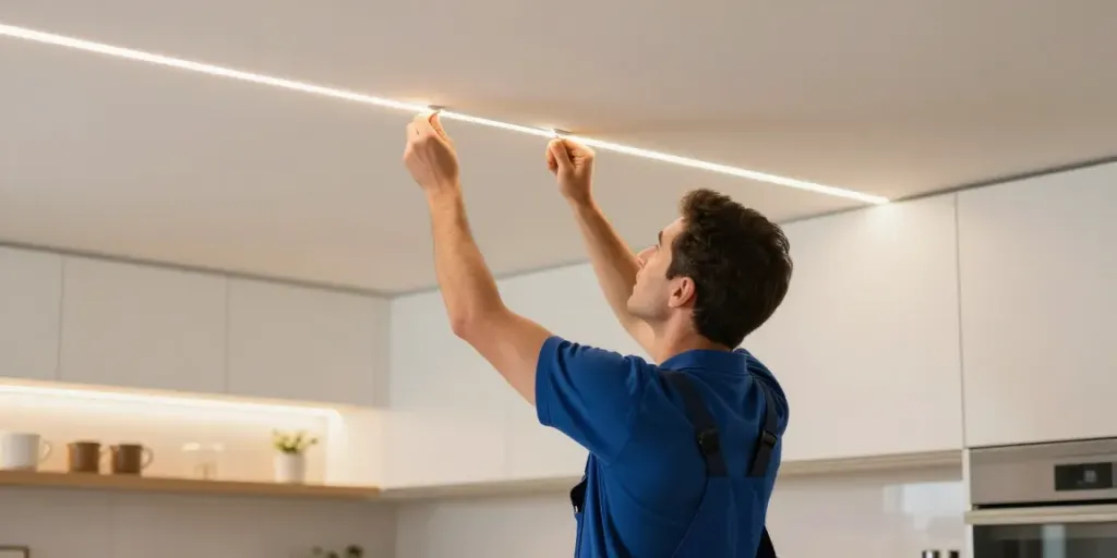 Banda LED 220V instalată de un furnizor de servicii de încredere, de înaltă calitate, în bucătărie.