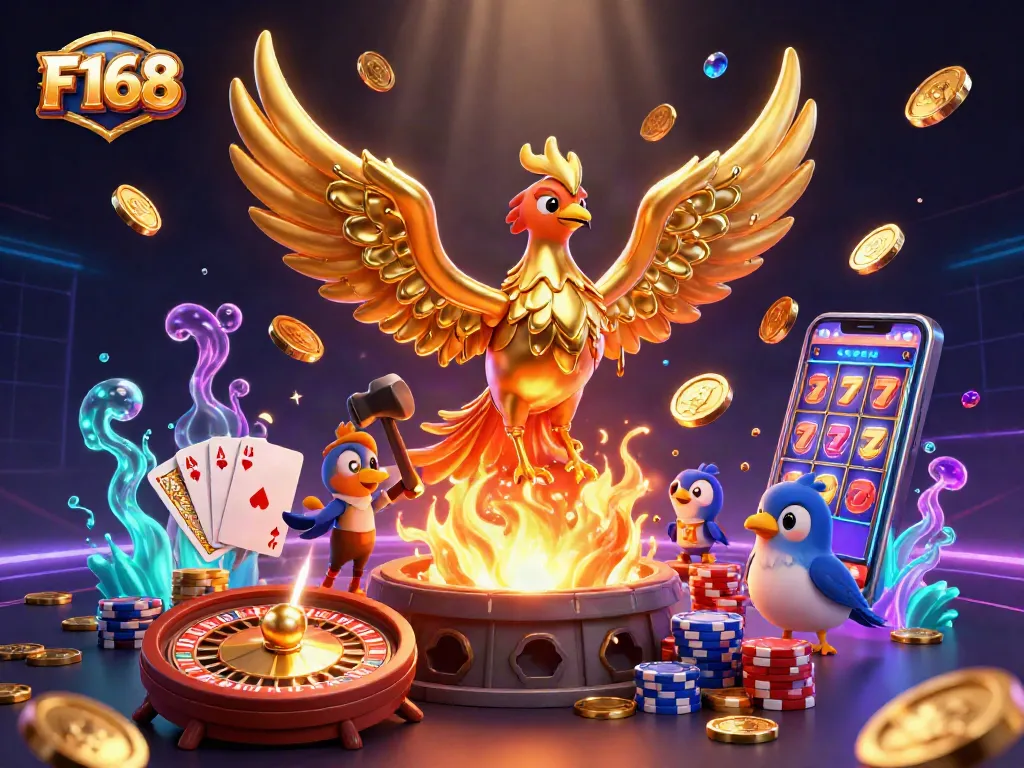 Engage with thrilling F168 gaming excitement through golden phoenix and casino elements.