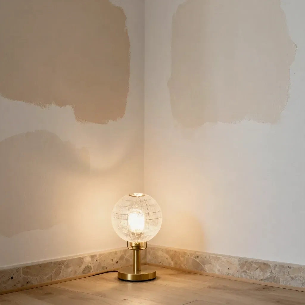 Warm wall paint samples and lit lamps in a neutral corner, dust glowing in bright daylight.