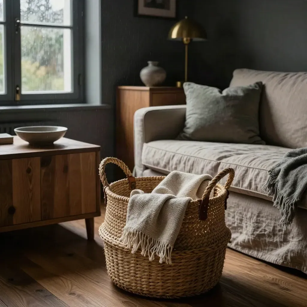 Scandinavian living room corner with woven basket, linen sofa, oak sideboard and brass lamp in rain light.