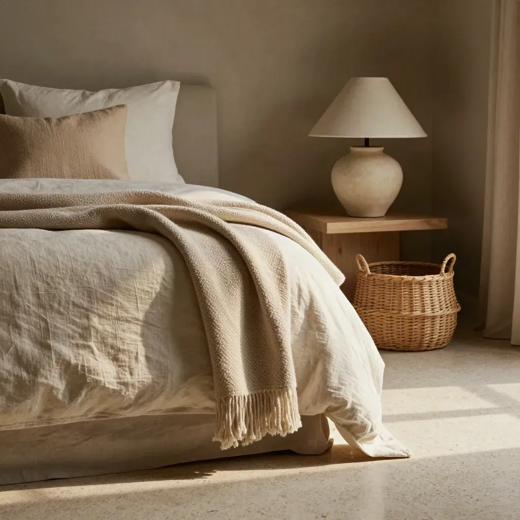 Cozy neutral bedroom vignette with pillows, throw, lamp, and woven basket.