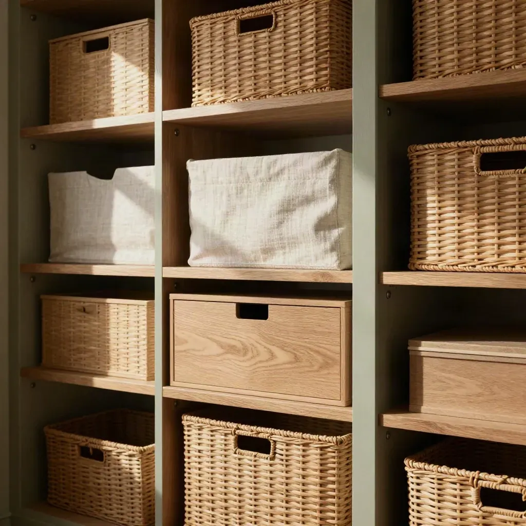 Built-in wardrobe bay with baskets, oak drawers and hidden shelves in moody light.