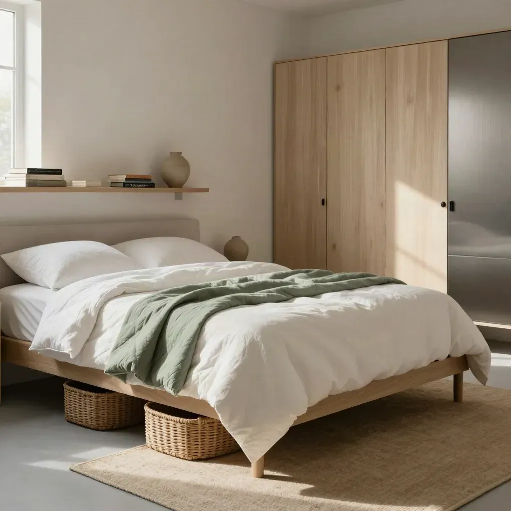 Rental bedroom with wall shelf, sage bedding, baskets under the bed, and a compact wardrobe line.