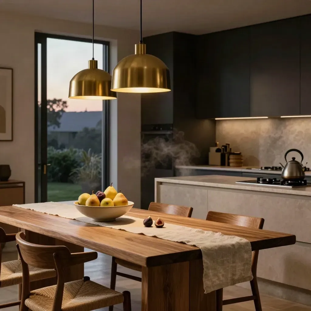 Warm townhouse kitchen with brass pendants, oak chairs, fruit bowl, and evening light