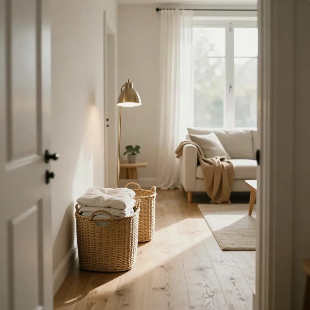 Move-in ready first flat with baskets, folded bedding, lamp, and a clear path from door to sofa.
