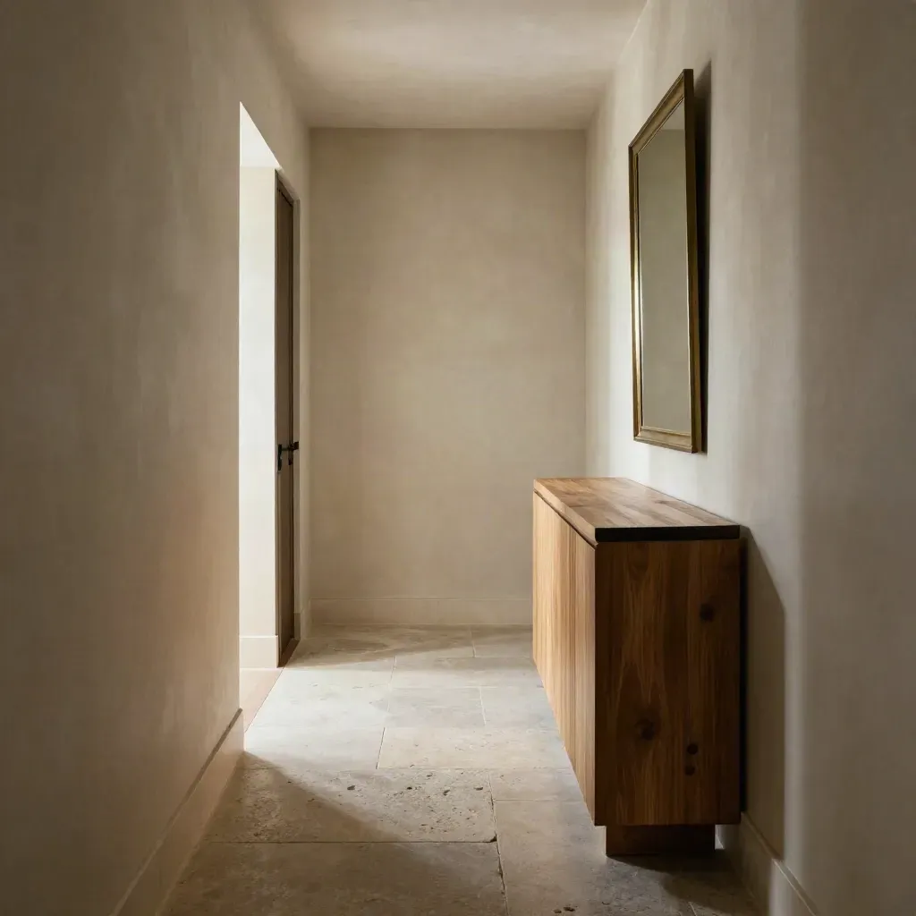 Renovated hallway with oak console, brass mirror and stone runner in moody light