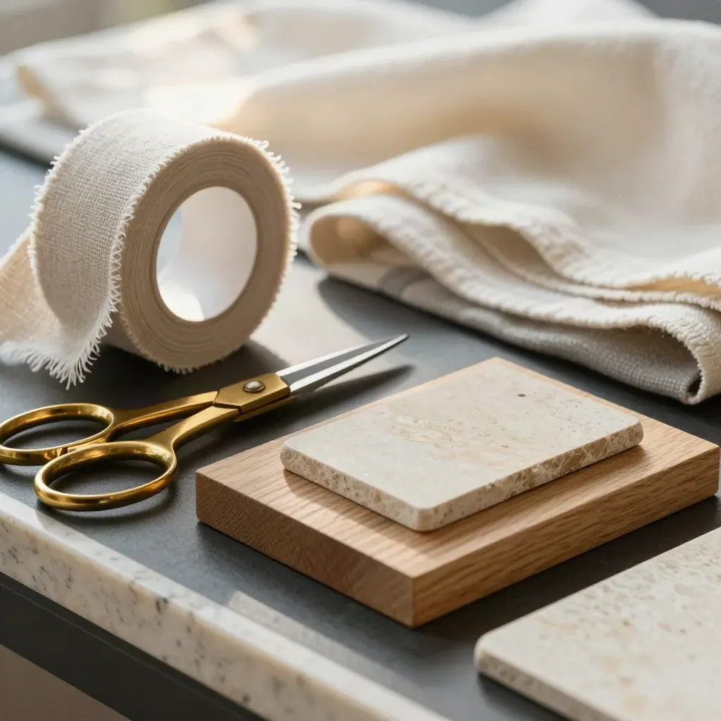 Macro still life of stylist tools: brass scissors, linen tape, ceramic chips and folded fabric.