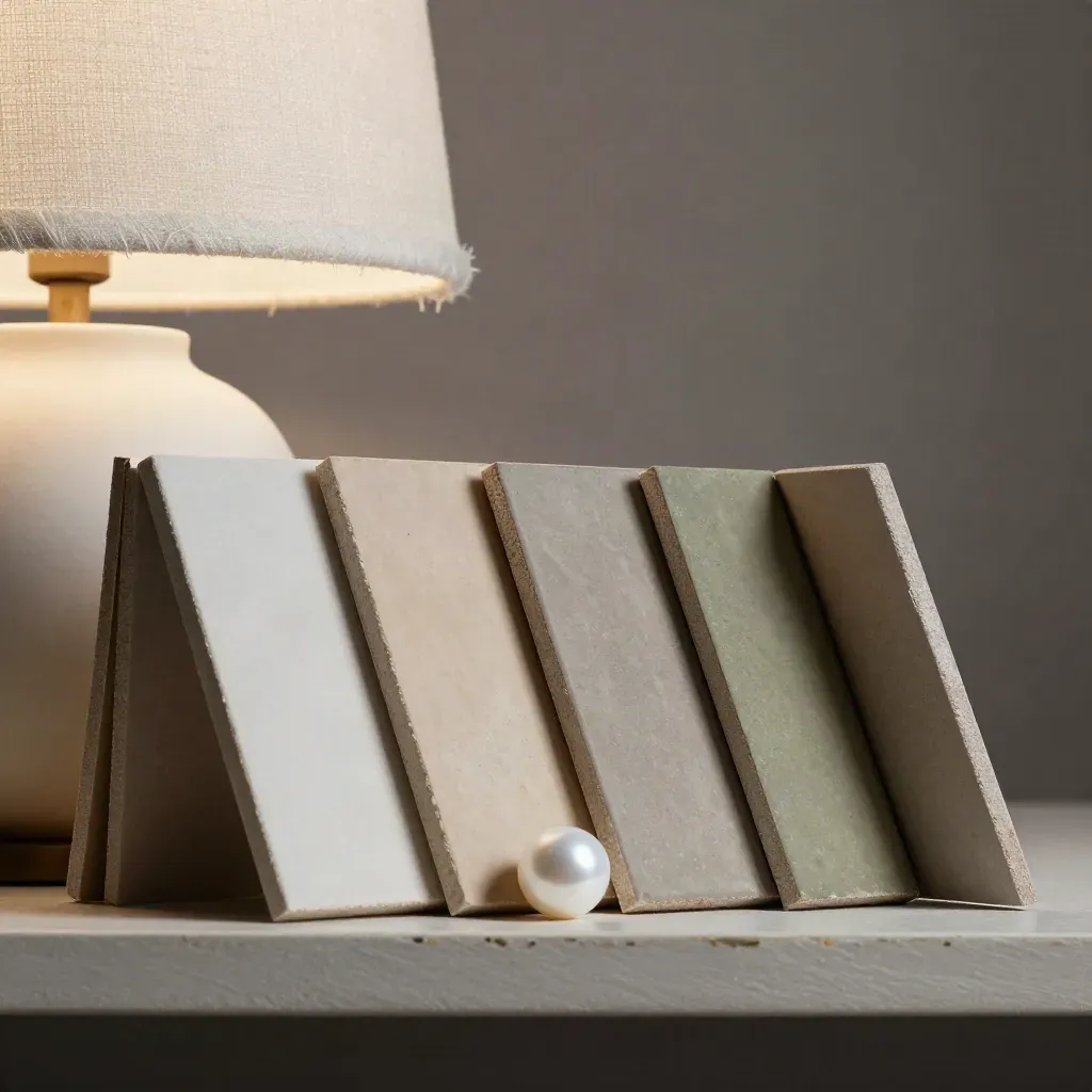 Macro of paint sample tiles beside a frosted bulb and linen lampshade on a pale shelf.