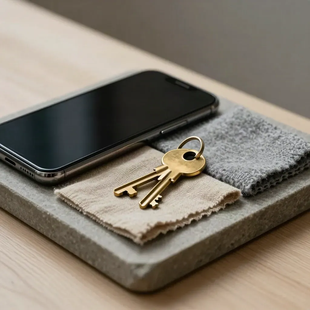 Dark phone, brass key and two fabric swatches on a stone tray, top-down on pale wood