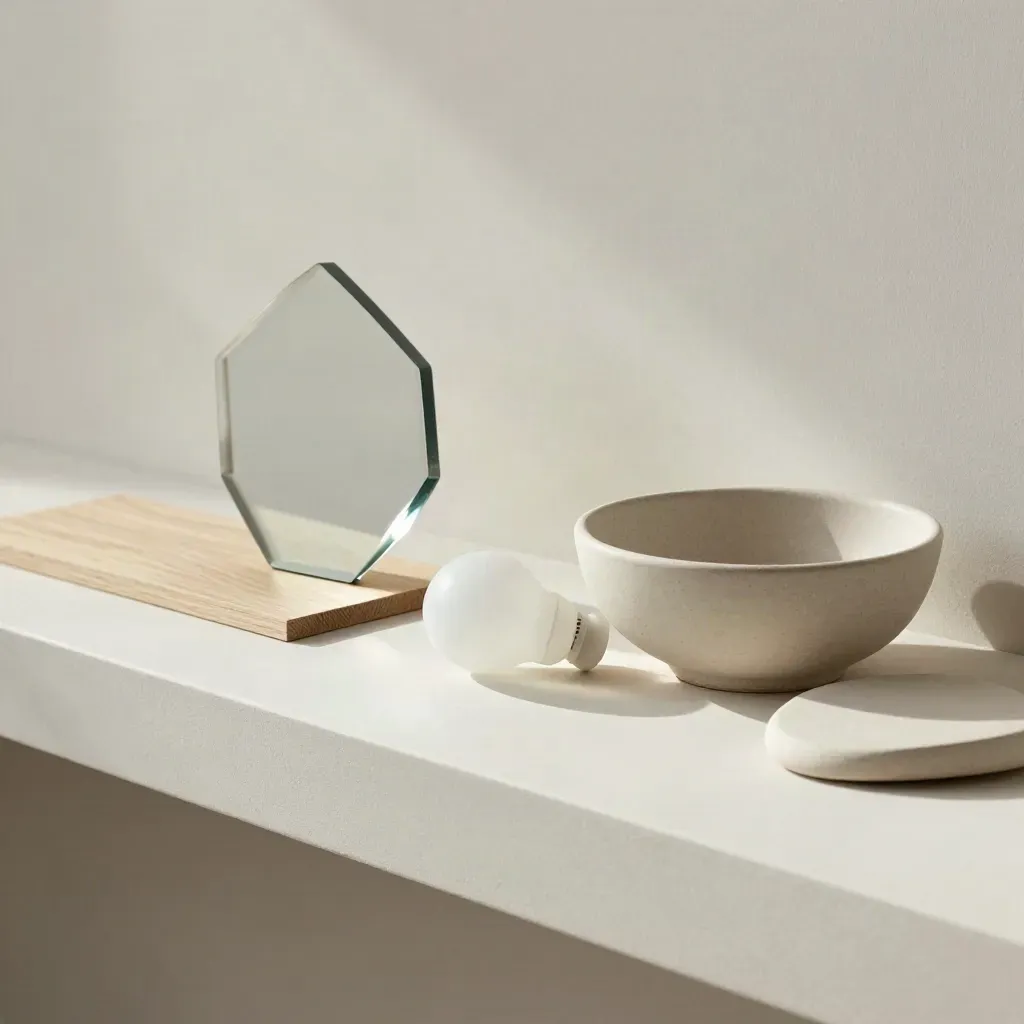 Mirror shard, oak sample, lamp bulb and ceramic bowl on a plaster sweep in soft daylight.