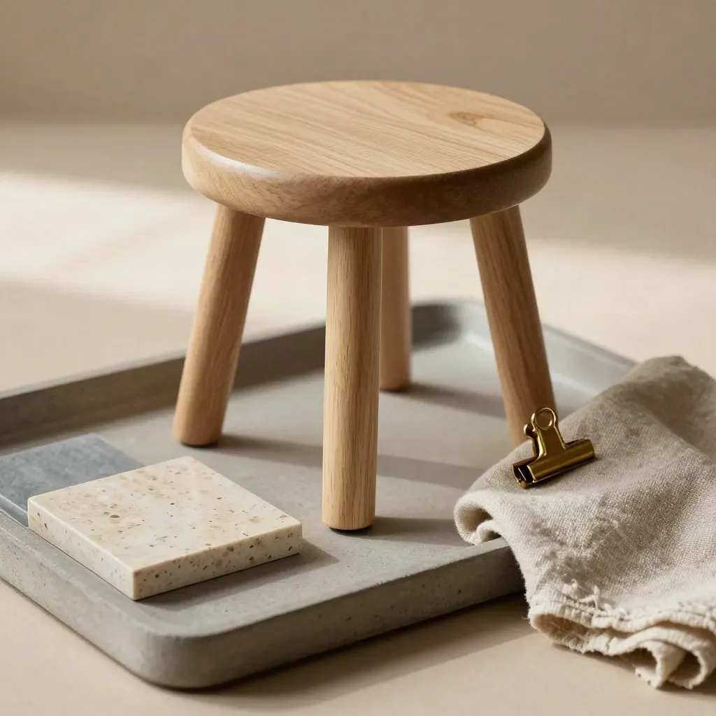 Mini stool with travertine, stone and linen samples clipped on a concrete tray.