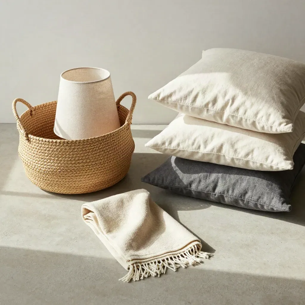 Overhead flatlay of basket, folded throw, lamp shade, and cushion stack on pale concrete.