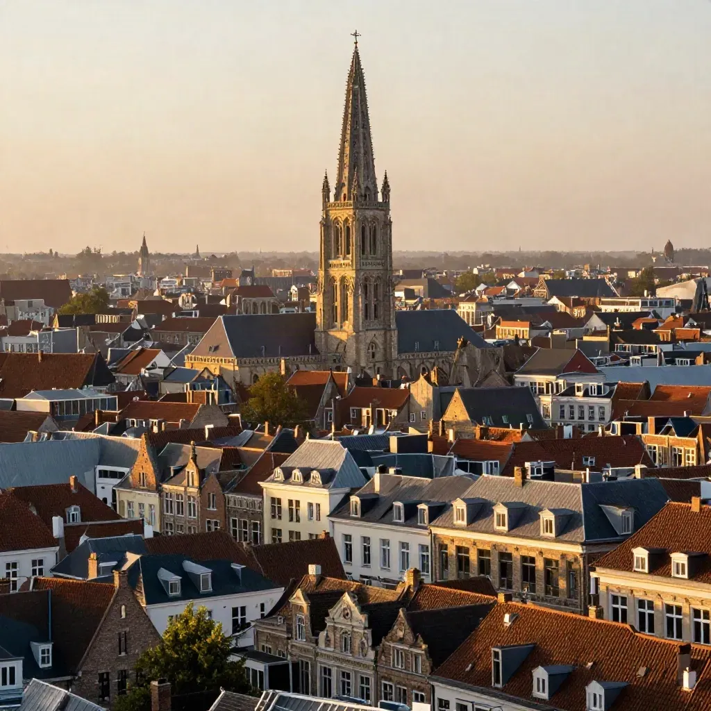 Dom Tower above Utrecht rooftops in golden evening haze