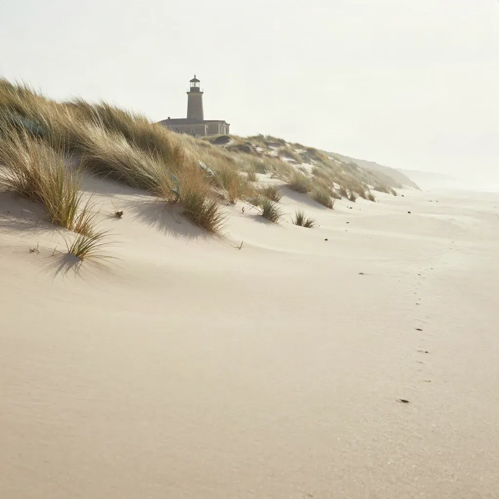 Wind-rippled North Holland dunes with a small lighthouse and calm sand under hazy late sun