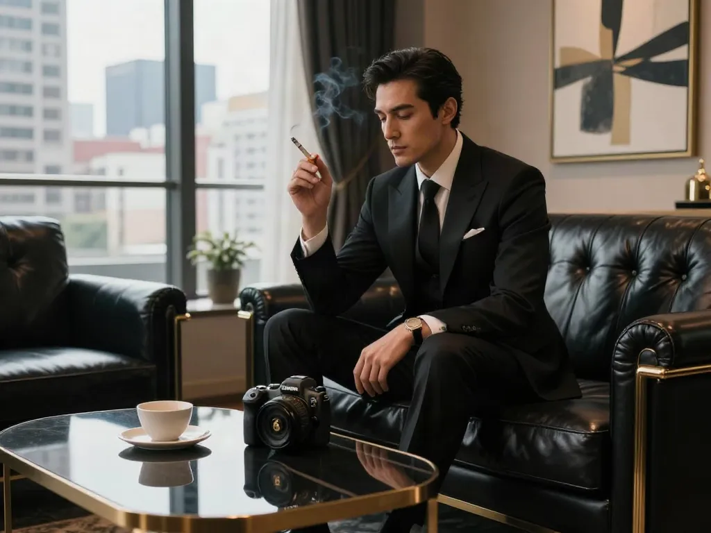 Stylish man representing elegance with rokok 88 in a chic black-themed lounge.