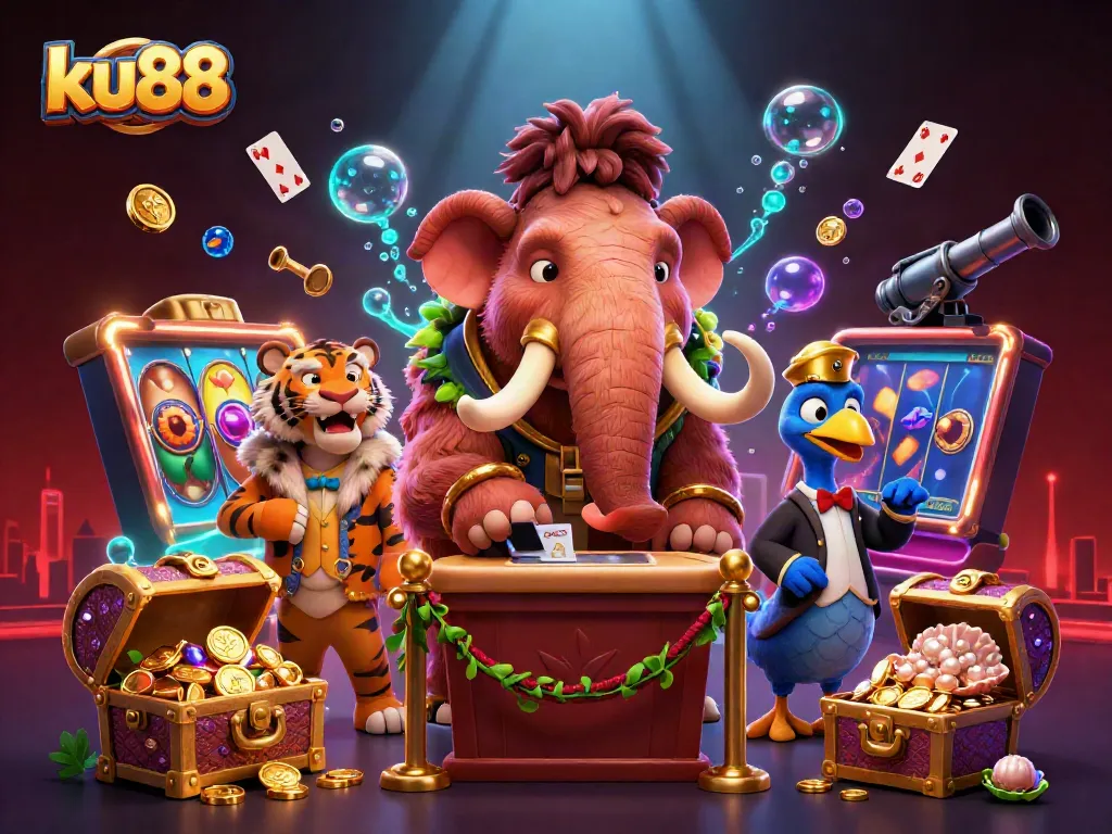 Play slot games with ku88 featuring a mammoth bouncer and vibrant casino elements around.