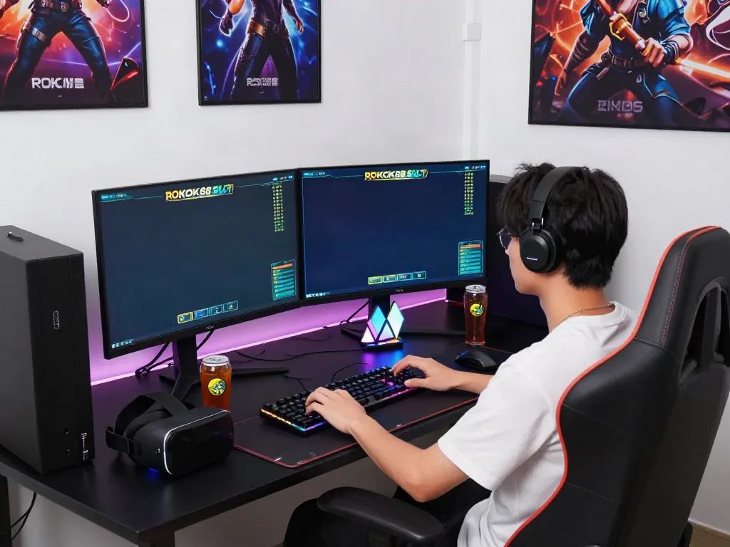 Engaged gamer at ROKOK88 SLOT with vibrant graphics and gaming gear.