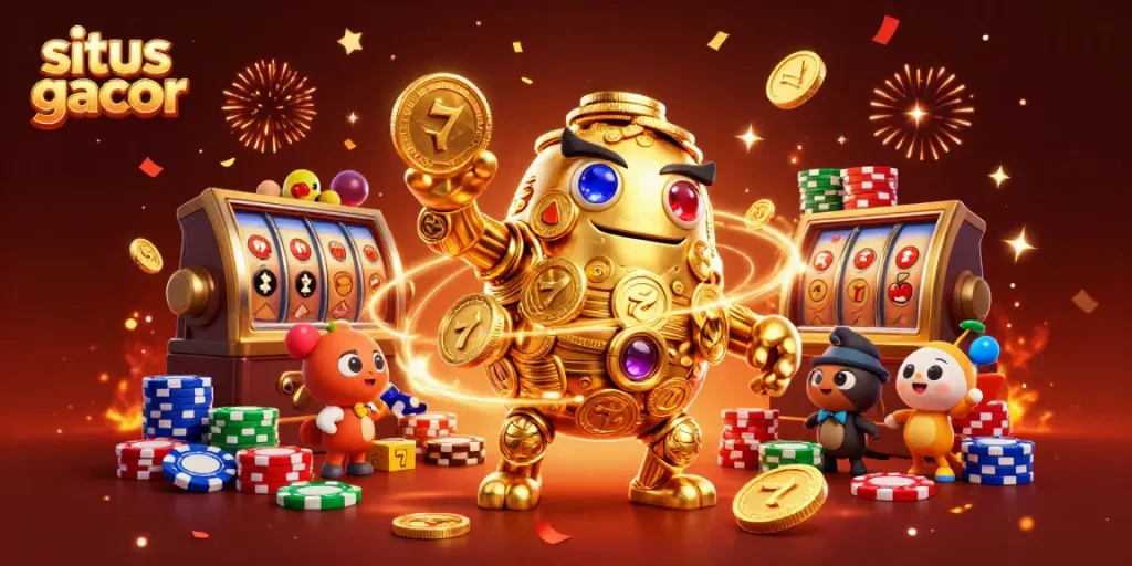 Spin to win at situs gacor with vibrant golden golem surrounded by dynamic slot symbols and confetti.