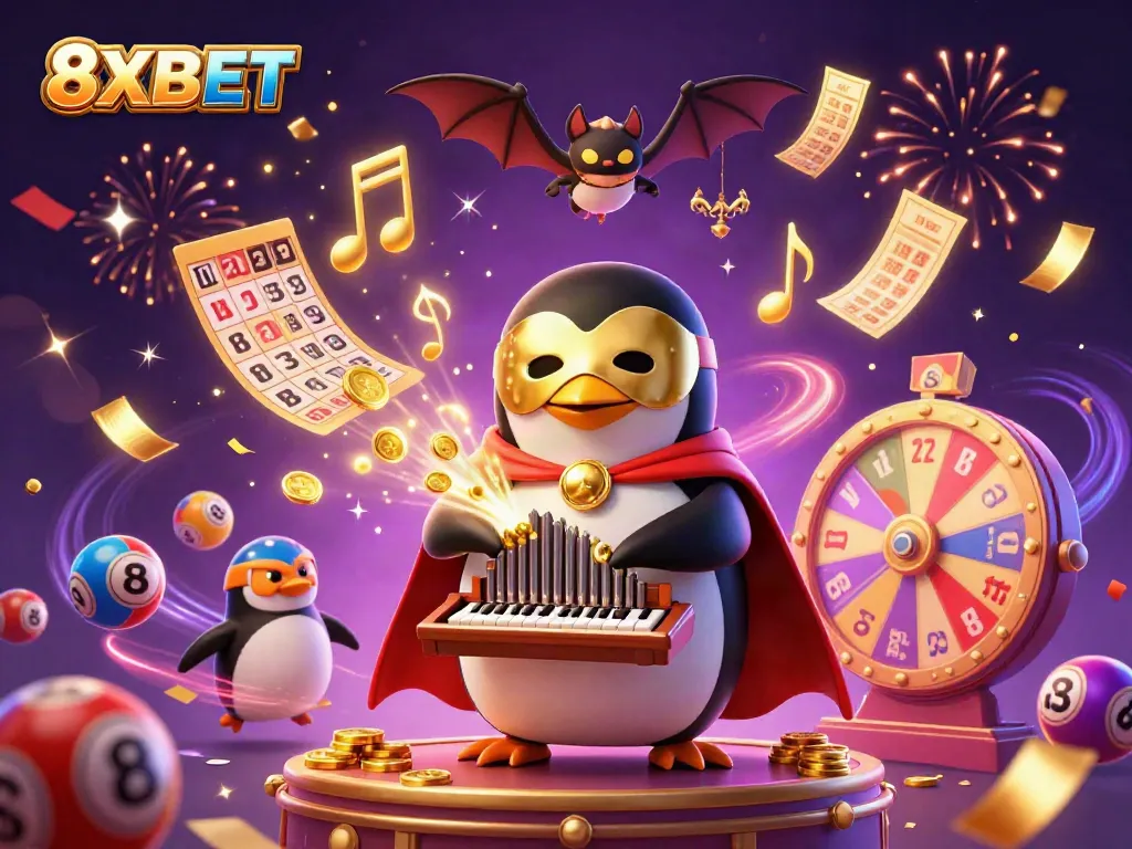 Experience thrilling casino action with 8XBET in a vibrant 3D illustration featuring winning elements.