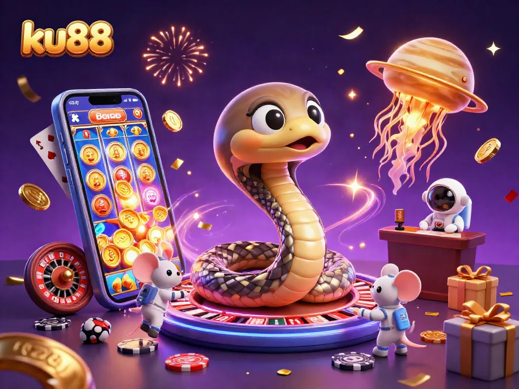 ku88 offers an exciting cosmic casino experience with vibrant characters placing bets on Saturn's rings.