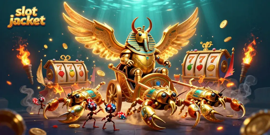 Experience thrilling slot jackpot action with a golden scarab beetle chariot in a cinematic casino scene.