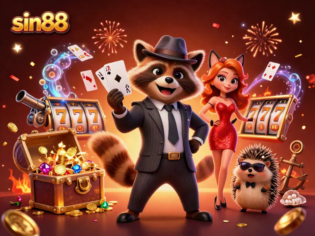 Experience the thrill at sin88 with a raccoon holding a royal flush amidst vibrant casino elements.