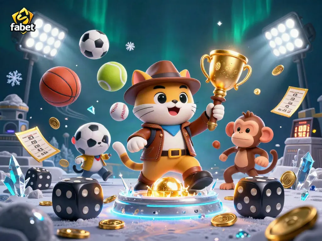 Experience the excitement of fabet as a cartoon archaeologist cat discovers a golden casino treasure while surrounded by vibrant sports elements.