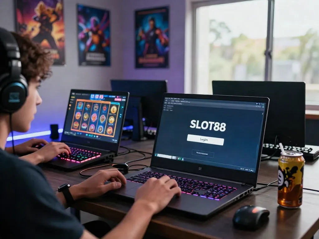 Player using SLOT88 login on a gaming laptop with vibrant slot game graphics.
