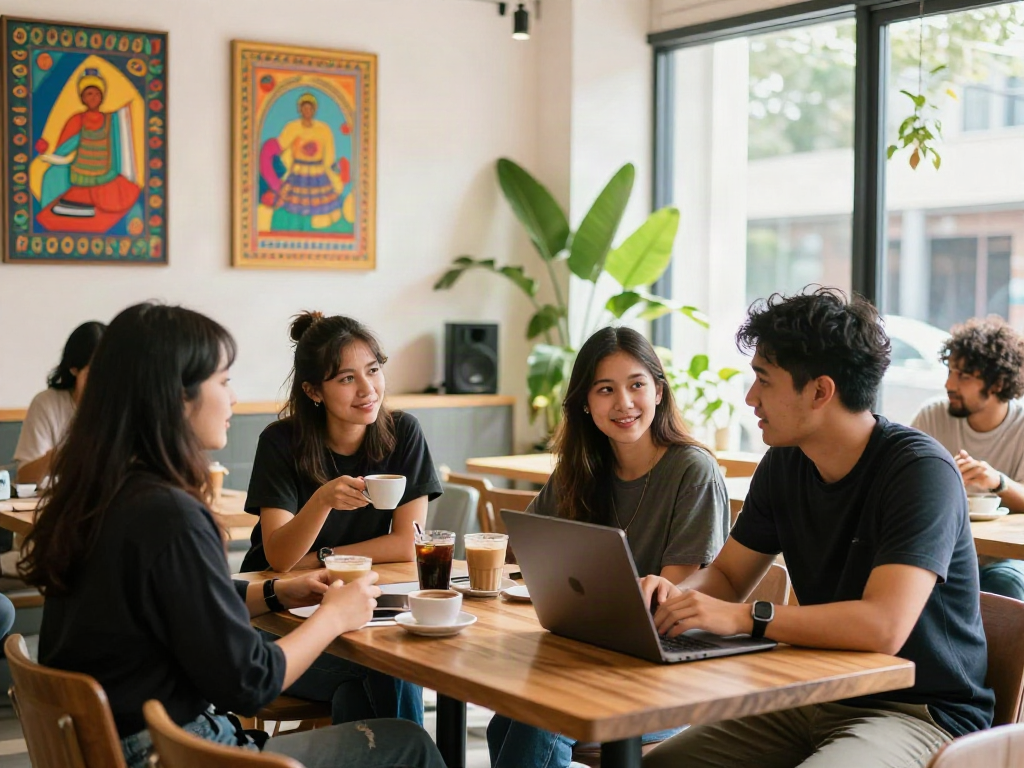Friends enjoying coffee at rokok88 café, showcasing vibrant atmosphere.