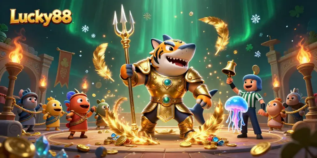 Engage with Lucky88's exciting underwater casino world featuring a fierce shark and vibrant elements.