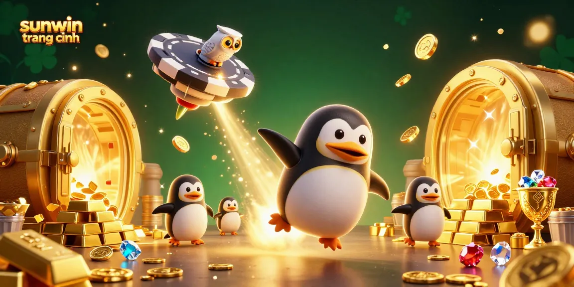 Experience sunwin trang chính with a dynamic illustration showcasing a golden penguin in space heading to a casino.